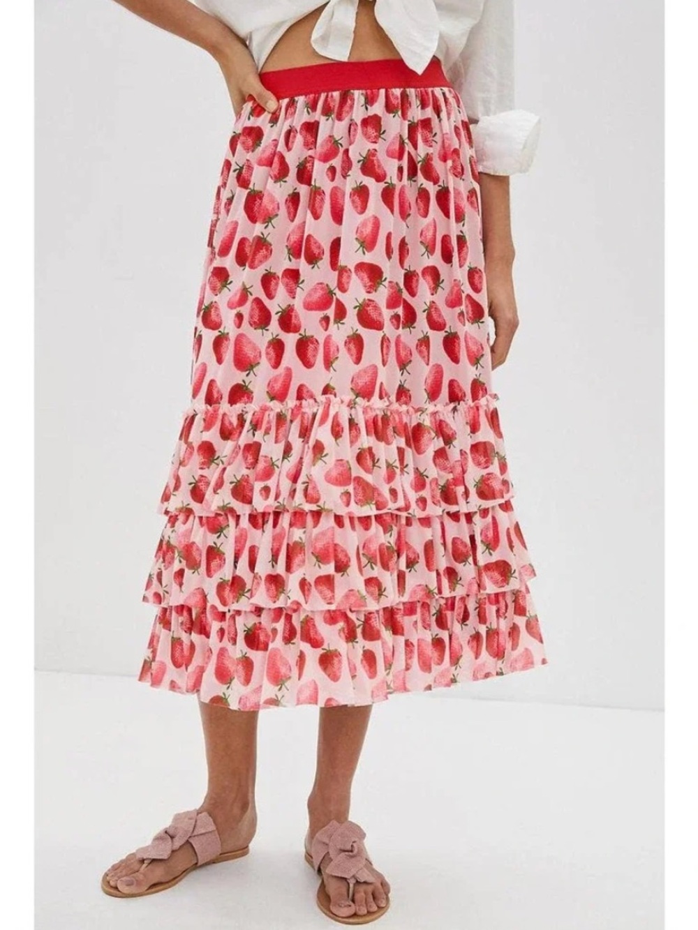 Eva Franco Tatum Skirt Strawberry Fields Pink Strawberry Print Midi Skirt Small